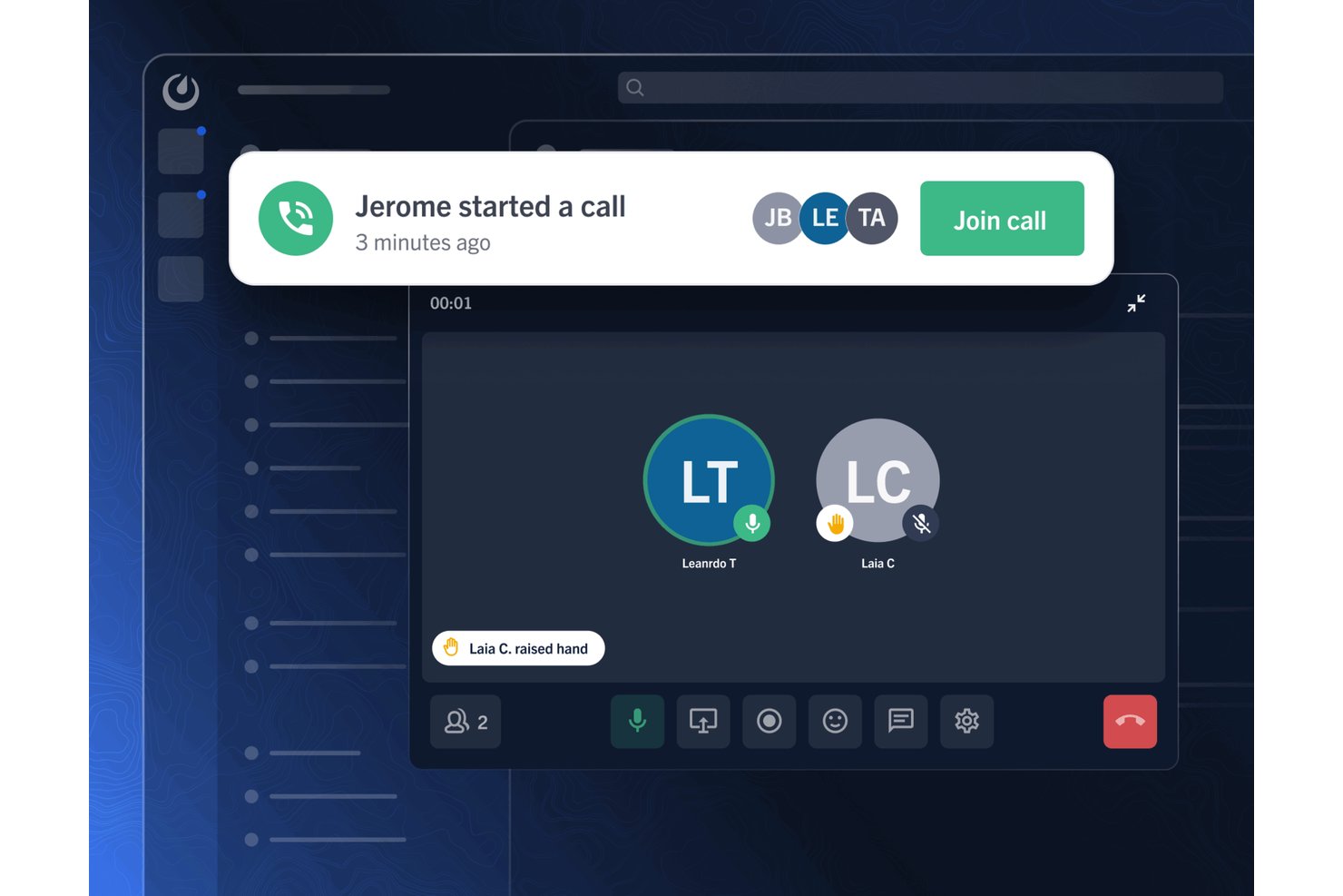 Mattermost call interface with two participants and a join call notification.