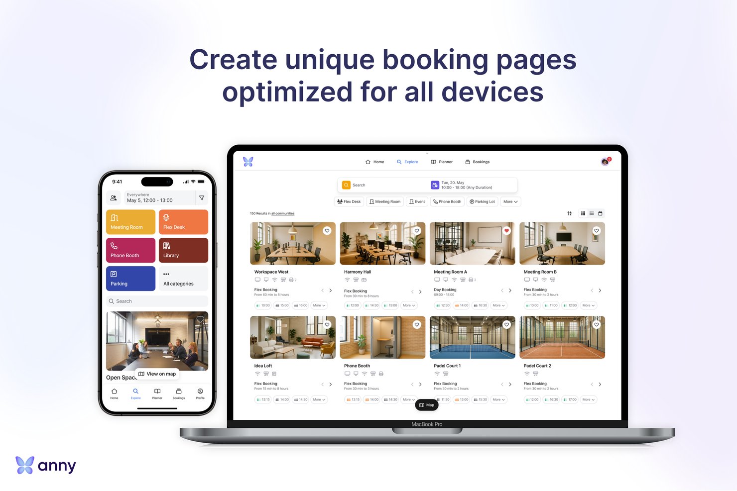 Booking app UI shown on smartphone and MacBook with space listings.