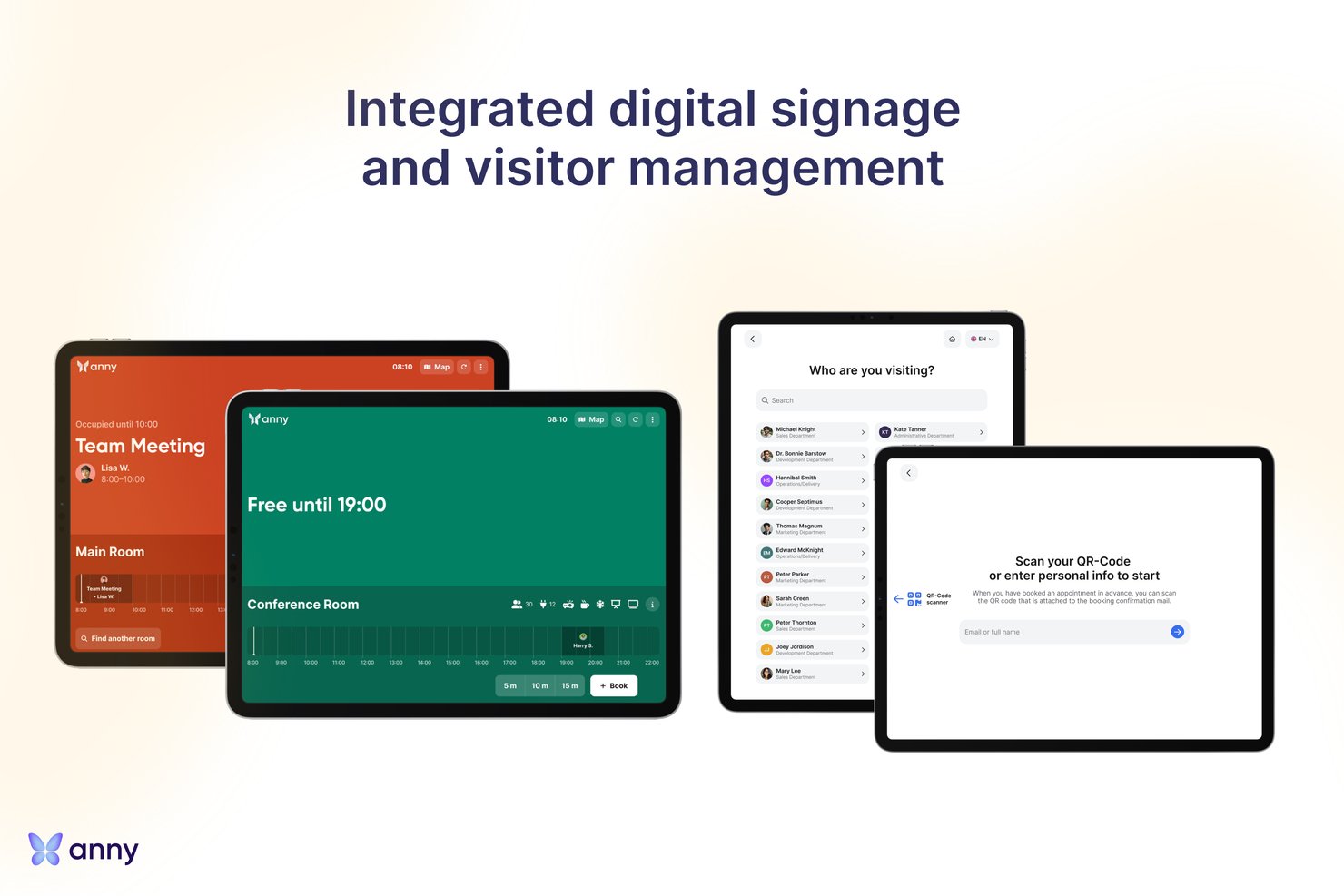 Four tablets showing room booking screens and visitor management check-in interface.