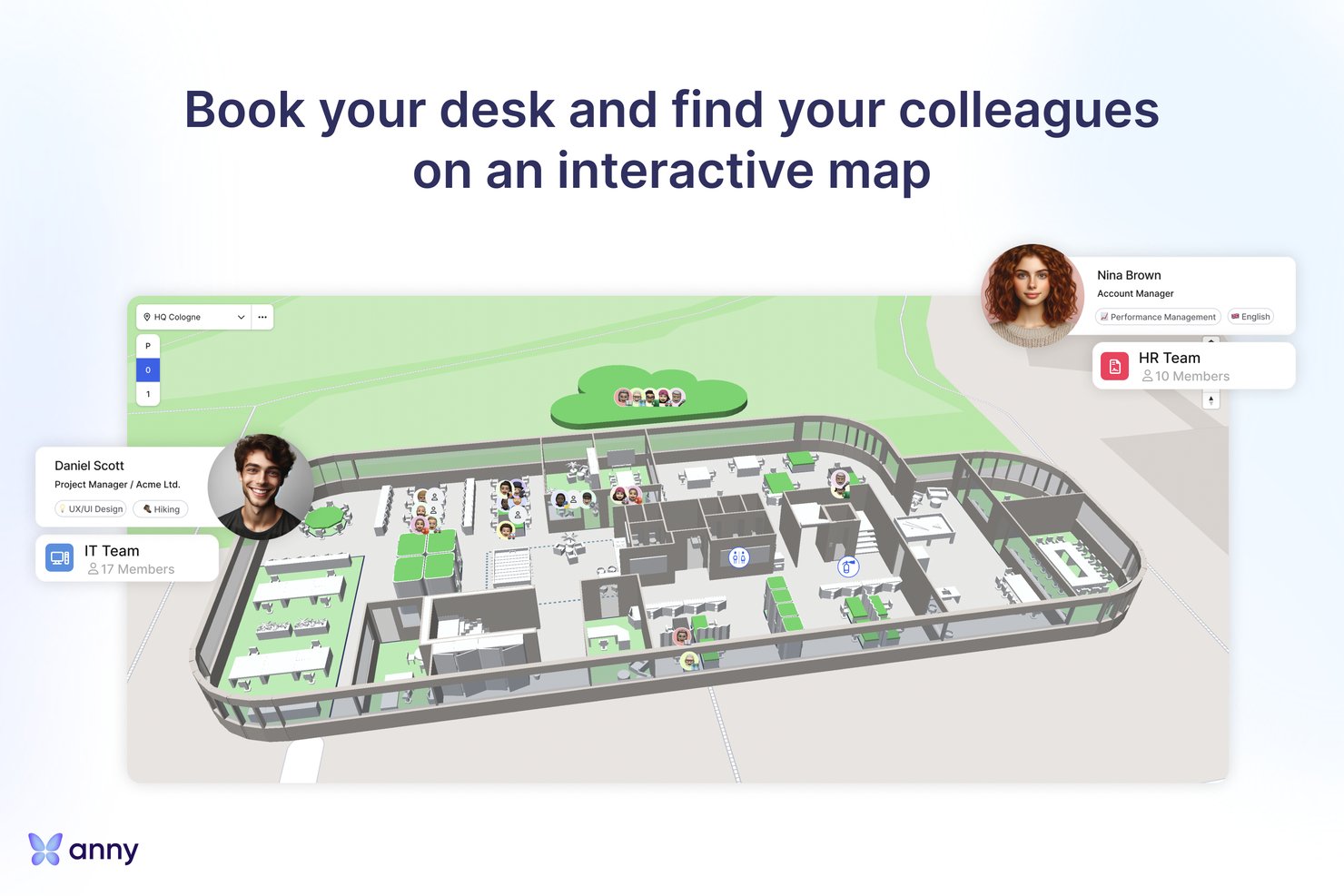 3D interactive office floor map showing desk booking and colleague locations.