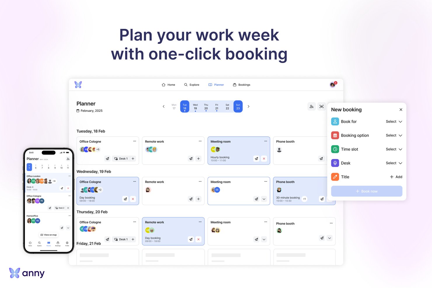 Anny planner UI showing weekly workspace booking with a new booking panel.