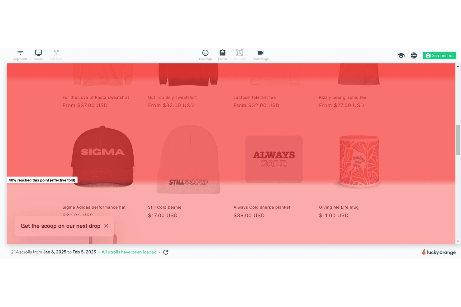 Lucky Orange scroll heatmap showing 50% effective fold on a product listing page.