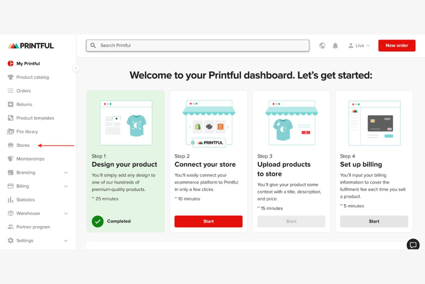 Printful-instrumentpanel som visar fyra introduktionssteg, där steg 1 är slutfört.