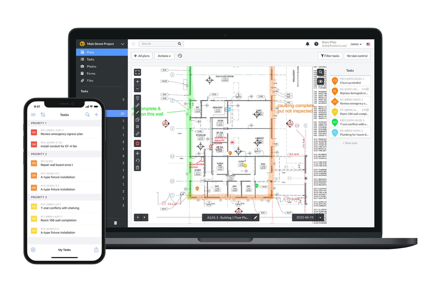 Fieldwire app showing floor plan with tasks panel on laptop and mobile.