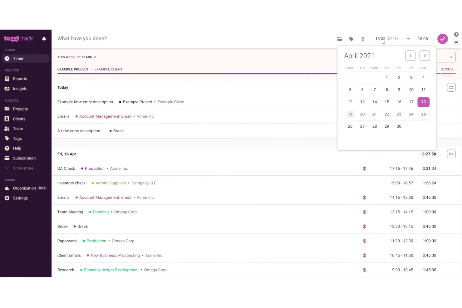 Toggl screenshot - 10 TimeCamp Alternatives for Team Time Tracking in 2026