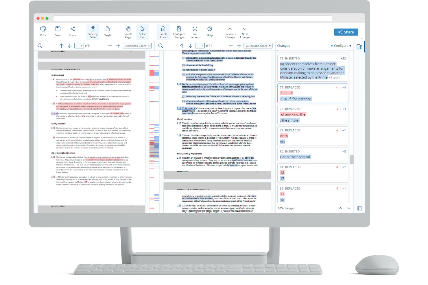 Draftable side-by-side document comparison interface showing tracked changes panel.