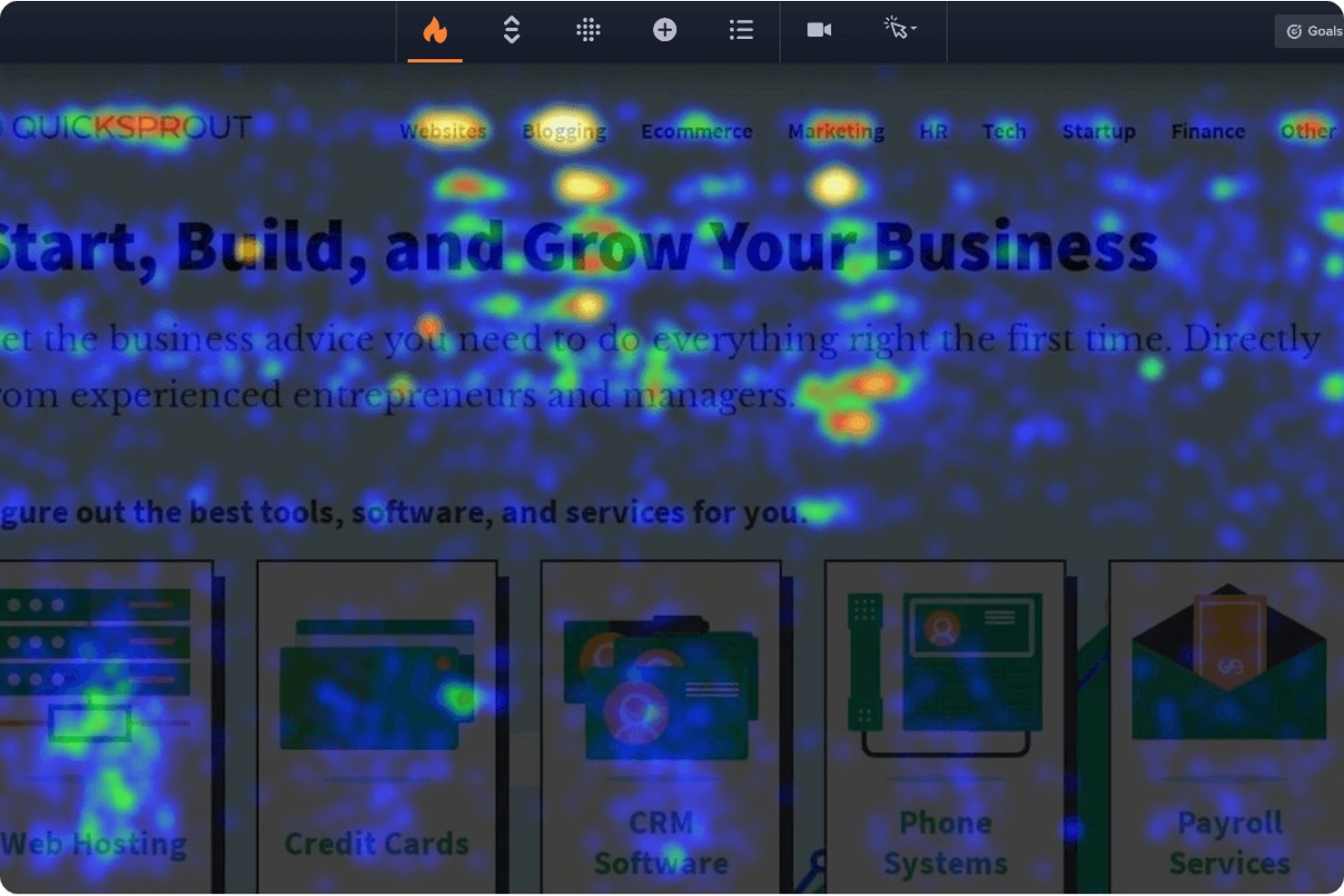 Crazy Egg heatmap overlay on QuickSprout homepage showing click concentration zones.