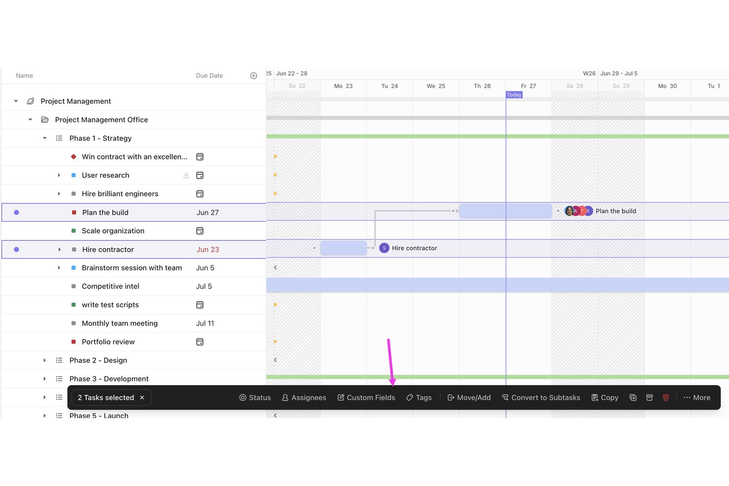 ClickUp Gantt chart showing project phases, tasks, and due dates with two tasks selected.