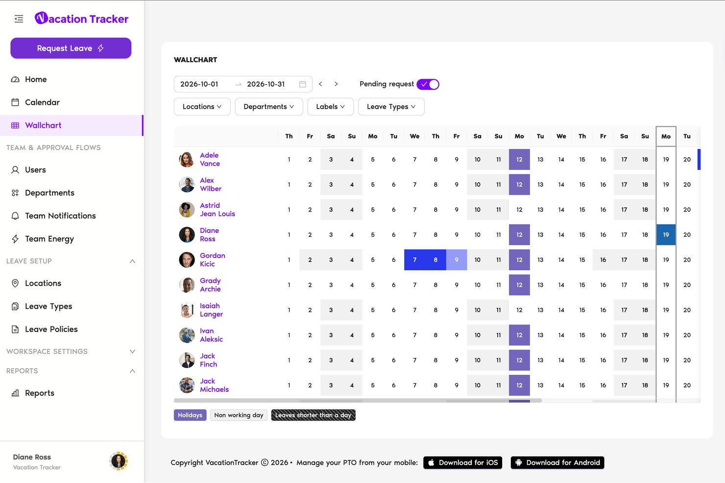 Vacation Tracker screenshot - 10 parasta läsnäolon seurantaohjelmistoa arvioituna vuonna 2026