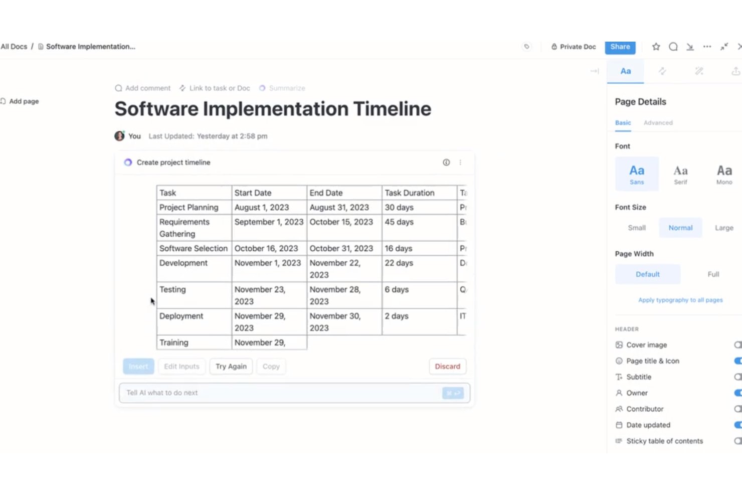 ClickUp doc showing AI-generated software implementation timeline table with task dates.