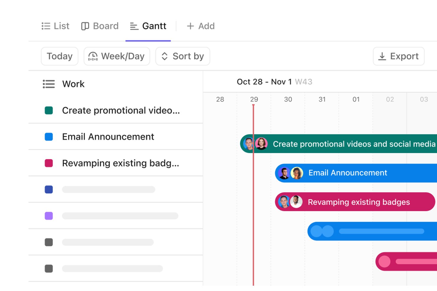 ClickUp Gantt chart showing tasks with colored bars across a weekly timeline.