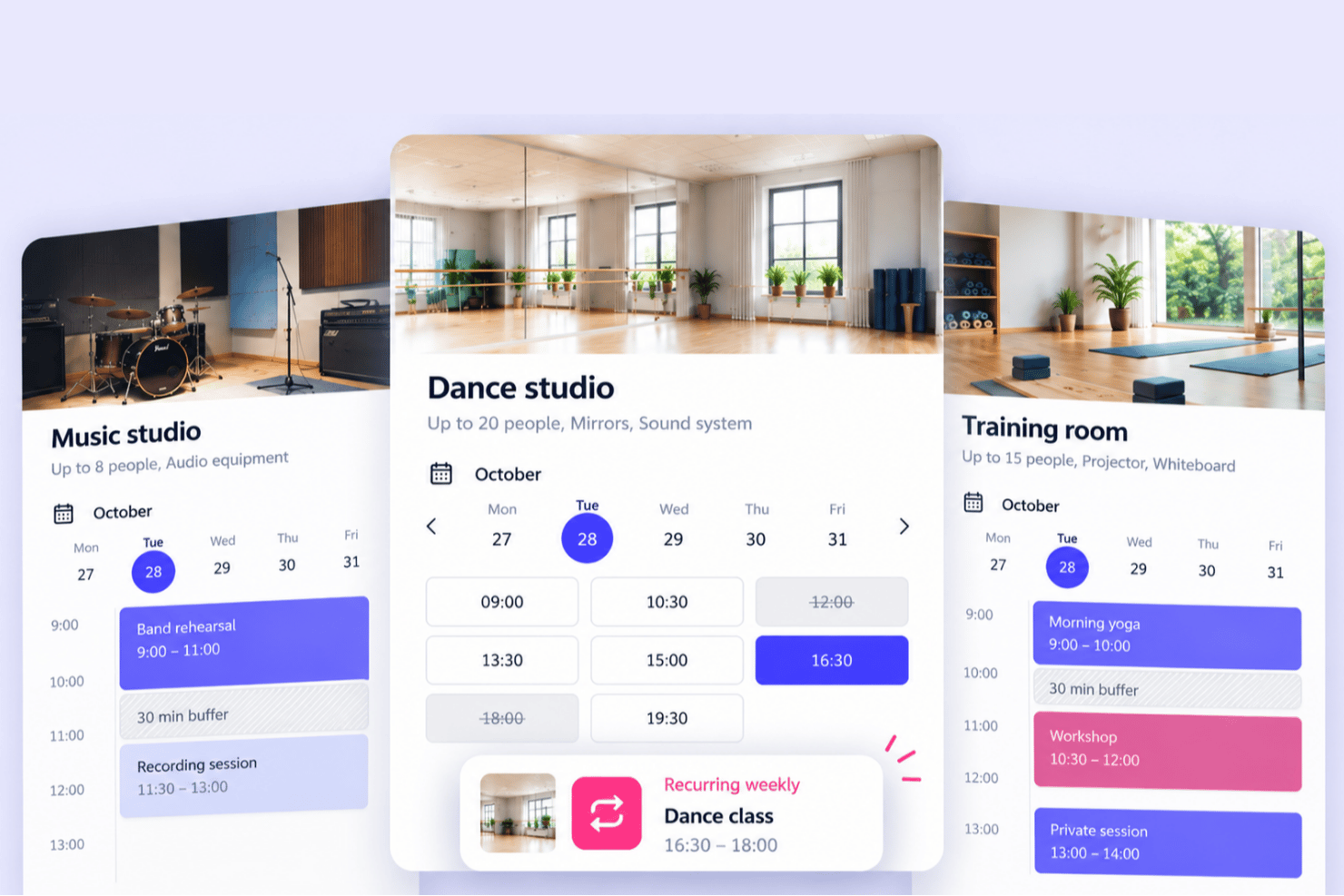 Three mobile screens showing room booking schedules for music, dance, and training studios.