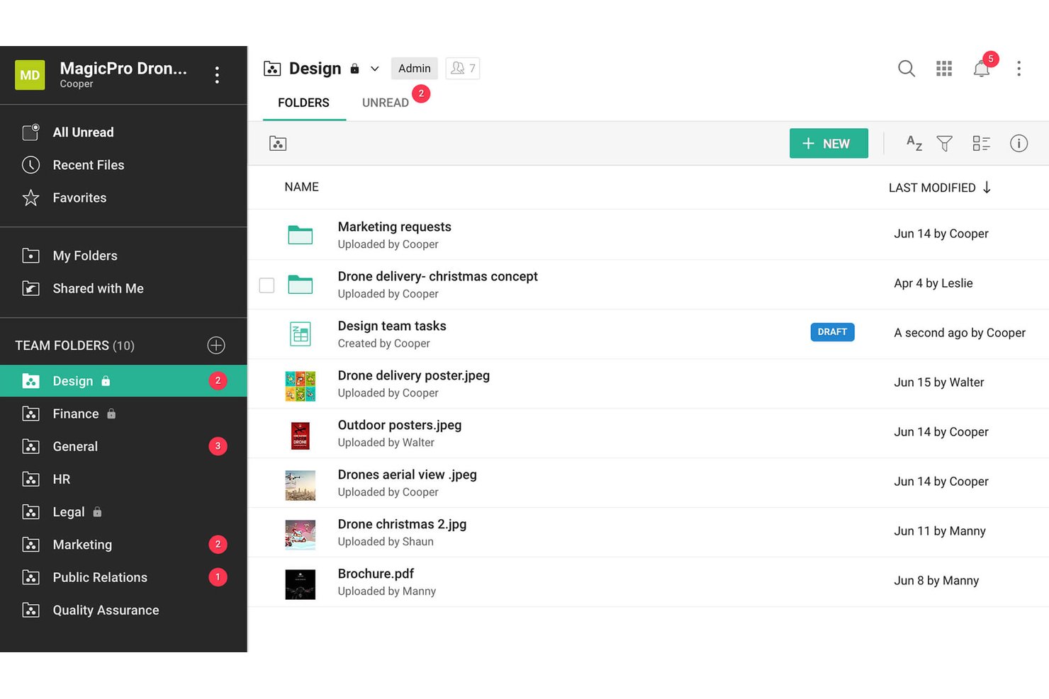 Zoho WorkDrive-teammap Ontwerp met bestanden, mappen en datums van de laatste wijziging.