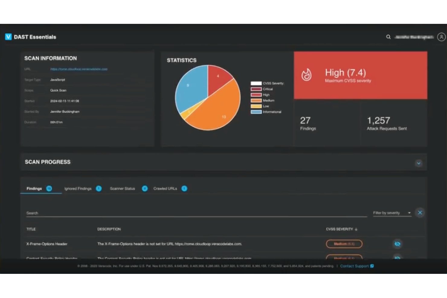 Veracodes instrumentpanel för DAST Essentials som visar 27 resultat, hög CVSS-allvarlighetsgrad på 7.4 och 1,257 skickade attackförfrågningar.