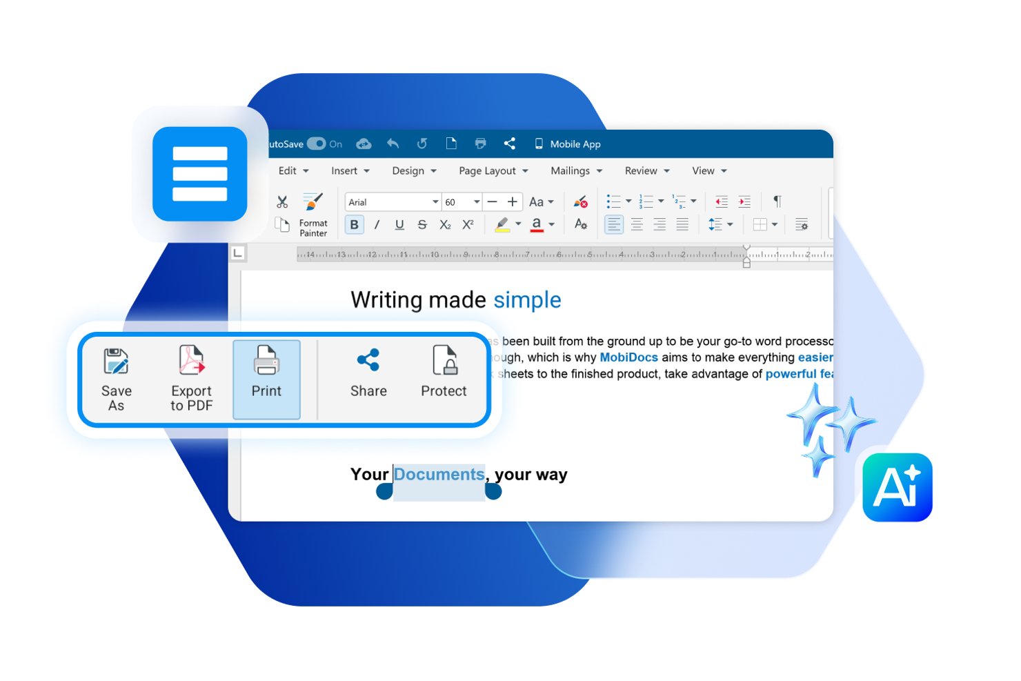 MobiOffice word processor showing document toolbar with save, export, print, share, and protect options.