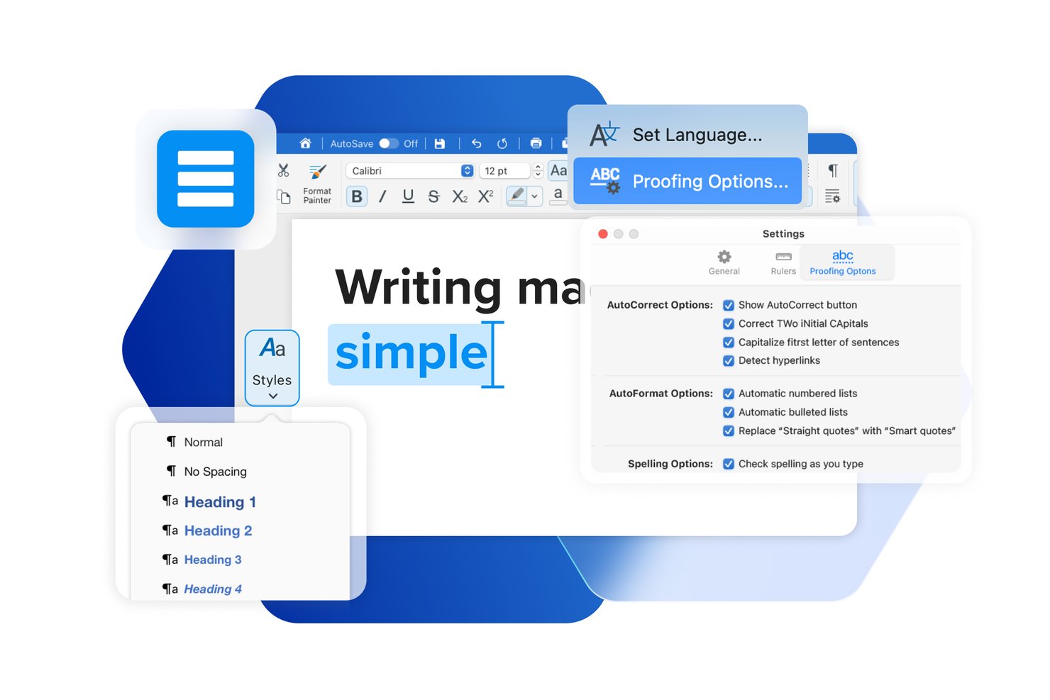 Traitement de texte MobiOffice affichant le menu des styles, les paramètres de correction et les options de correction automatique.