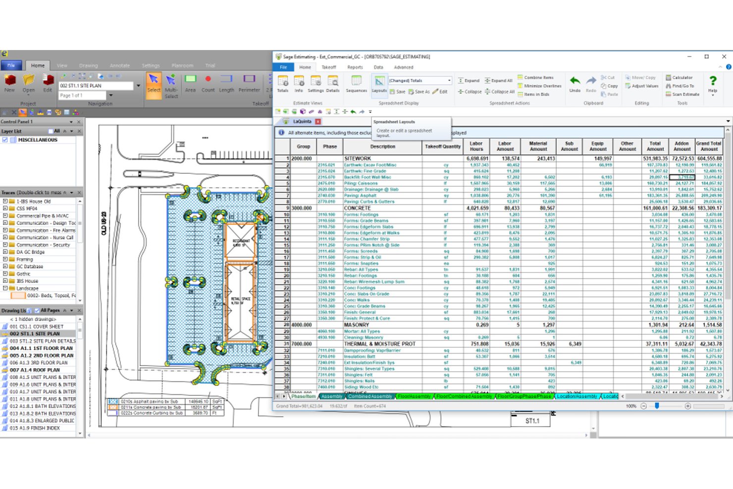 Sage Estimating spreadsheet showing construction cost breakdown with site plan drawing.