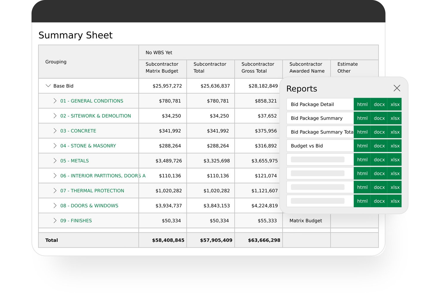 Sage Estimating summary sheet with bid totals and reports export panel showing HTML, DOCX, XLSX options.