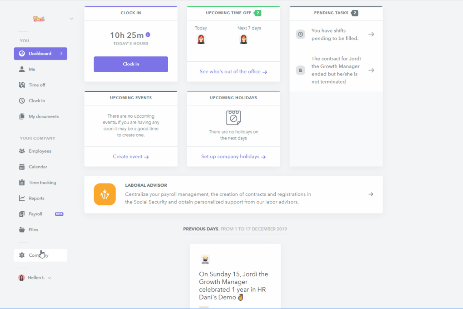 HR dashboard showing clock-in, time off, pending tasks, and upcoming events panels.