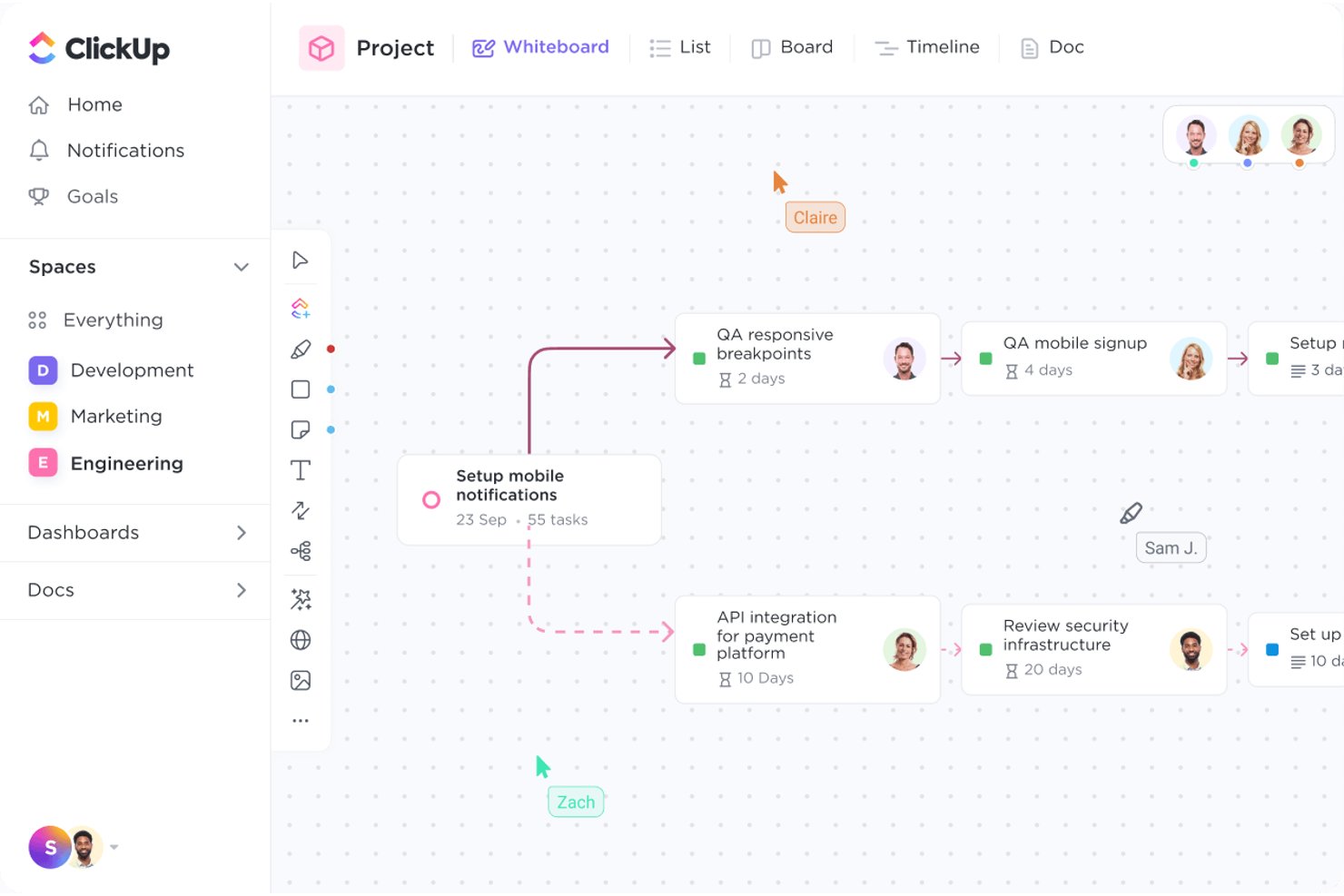 ClickUp Whiteboard showing connected task cards with assignees and timelines.