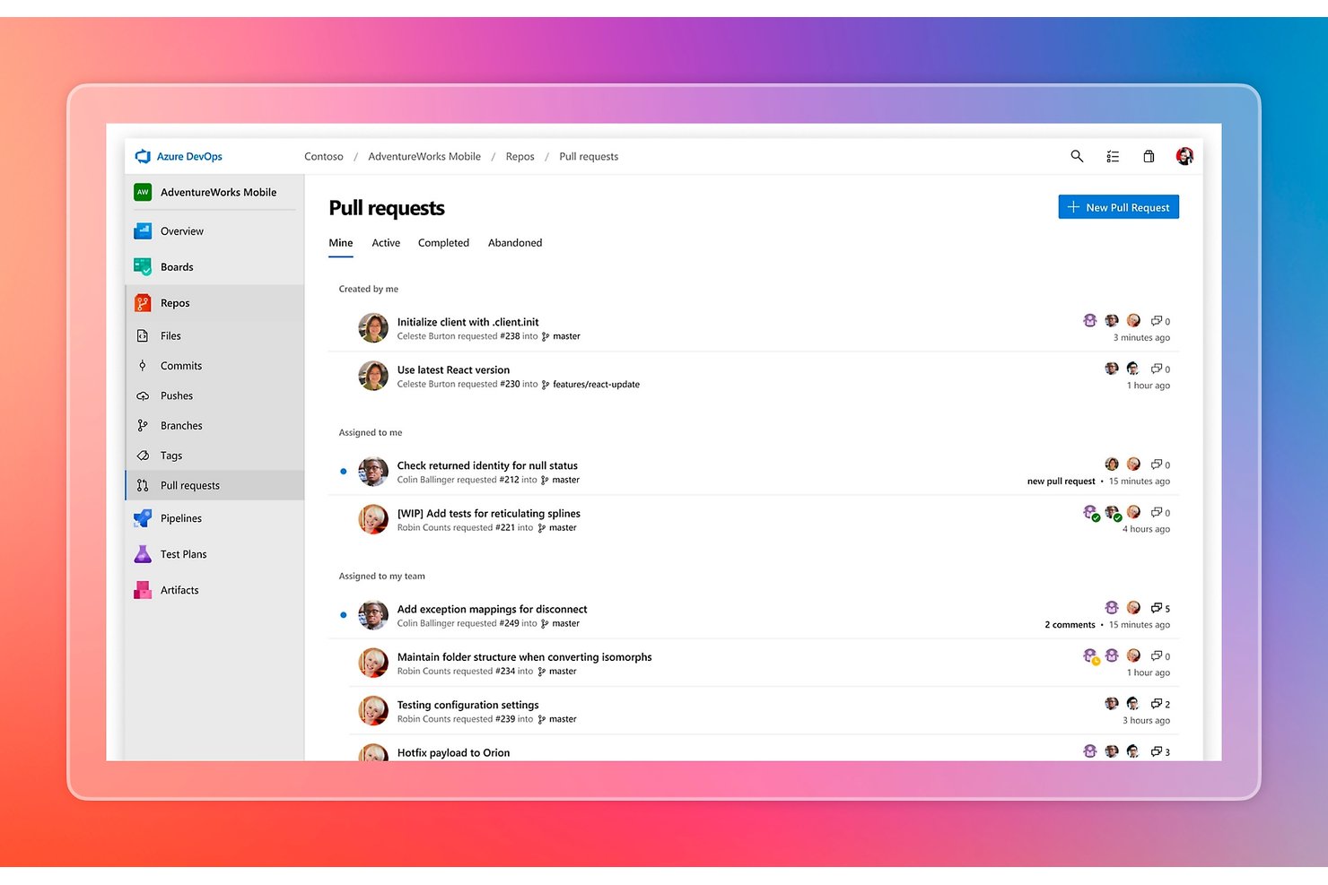 Dashboard met pull requests van Azure DevOps, met de tabbladen van mij, actief, voltooid en afgebroken.