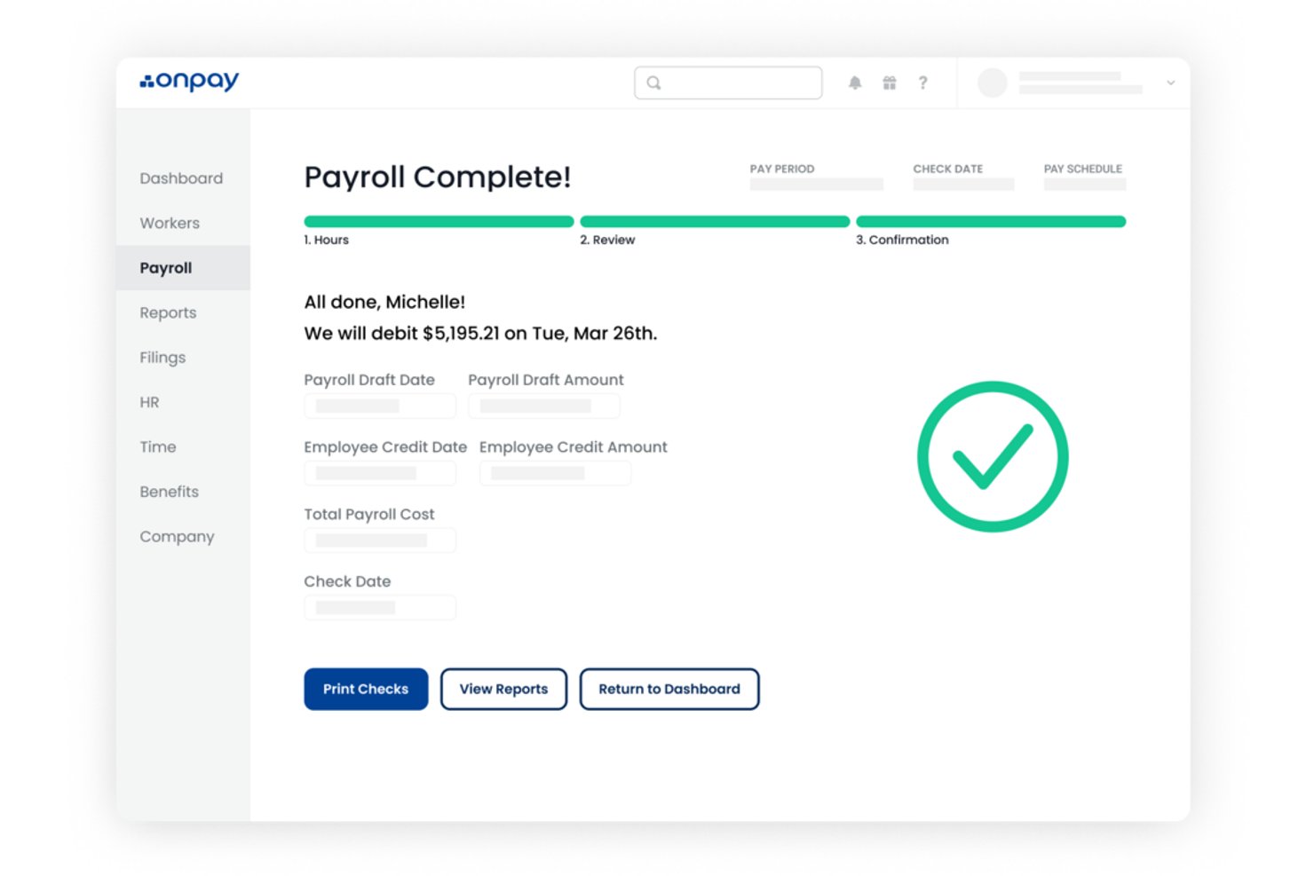 OnPay payroll complete screen showing a $5,195.21 debit confirmation with a green checkmark.