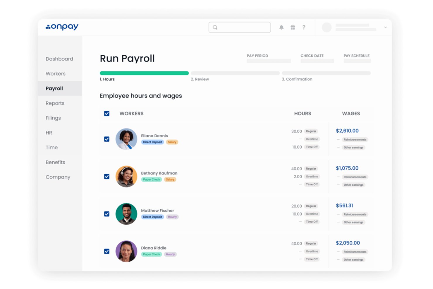OnPay Run Payroll screen showing employee hours, wages, and payment methods.