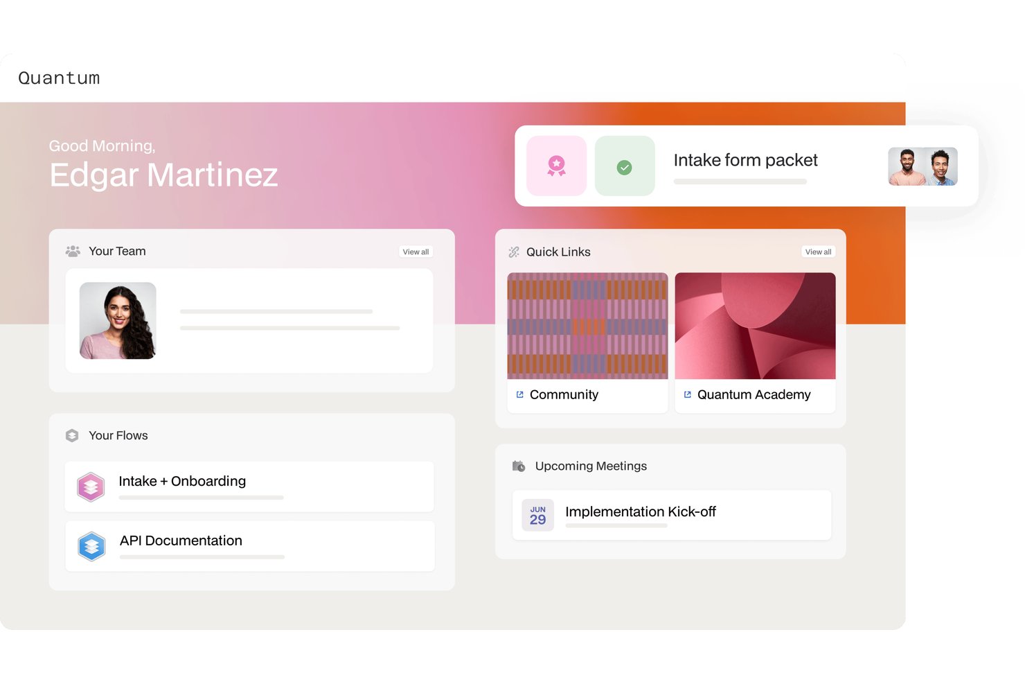 Moxo dashboard showing team, onboarding flows, quick links, and upcoming meetings.