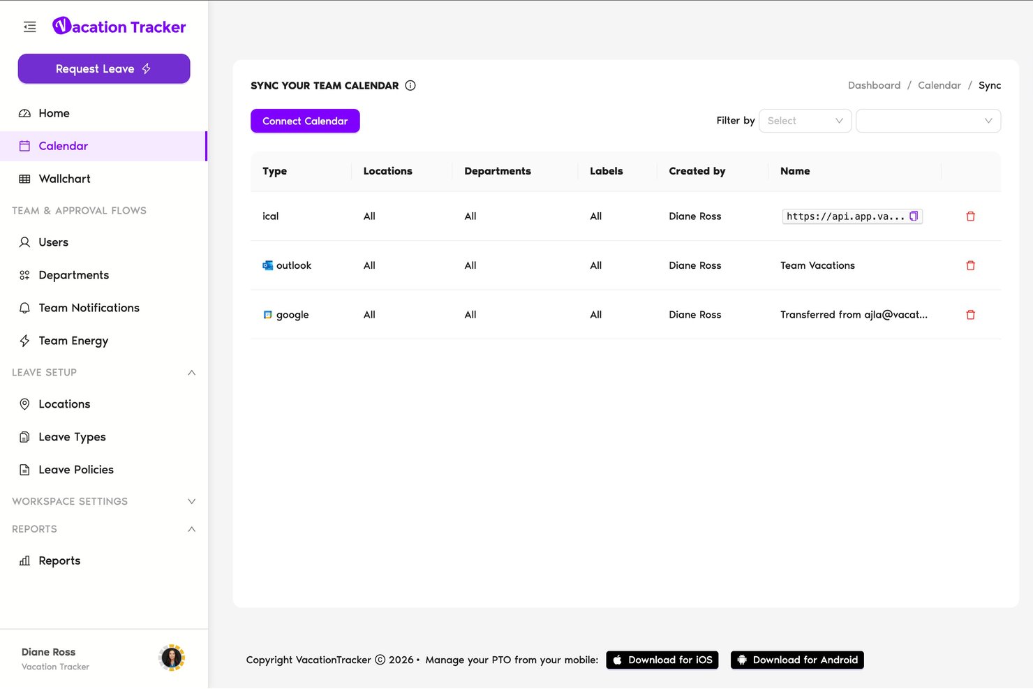 Sida för kalendersynkronisering i Vacation Tracker som visar iCal-, Outlook- och Google-anslutningar.