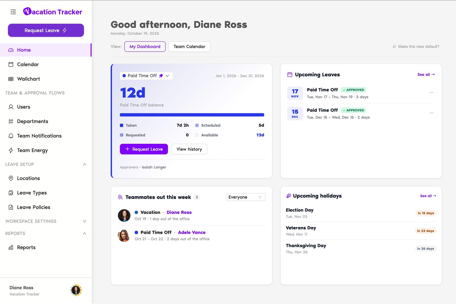 Vacation Tracker dashboard showing PTO balance, upcoming leaves, and team calendar.