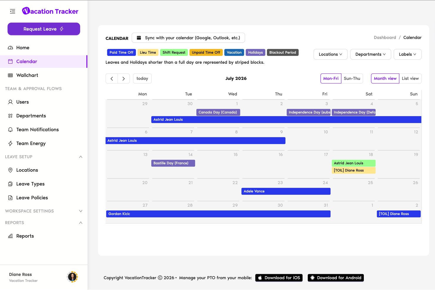 Vacation Tracker calendar showing team leave events for July 2026.
