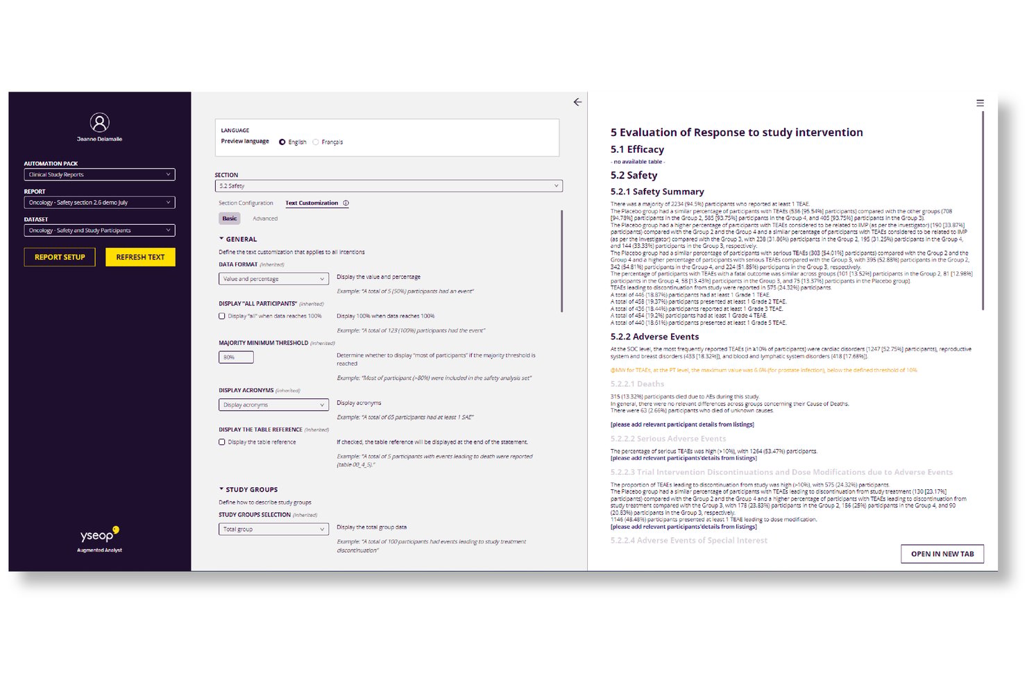 Yseop UI showing NLG report configuration panel and auto-generated safety section text.