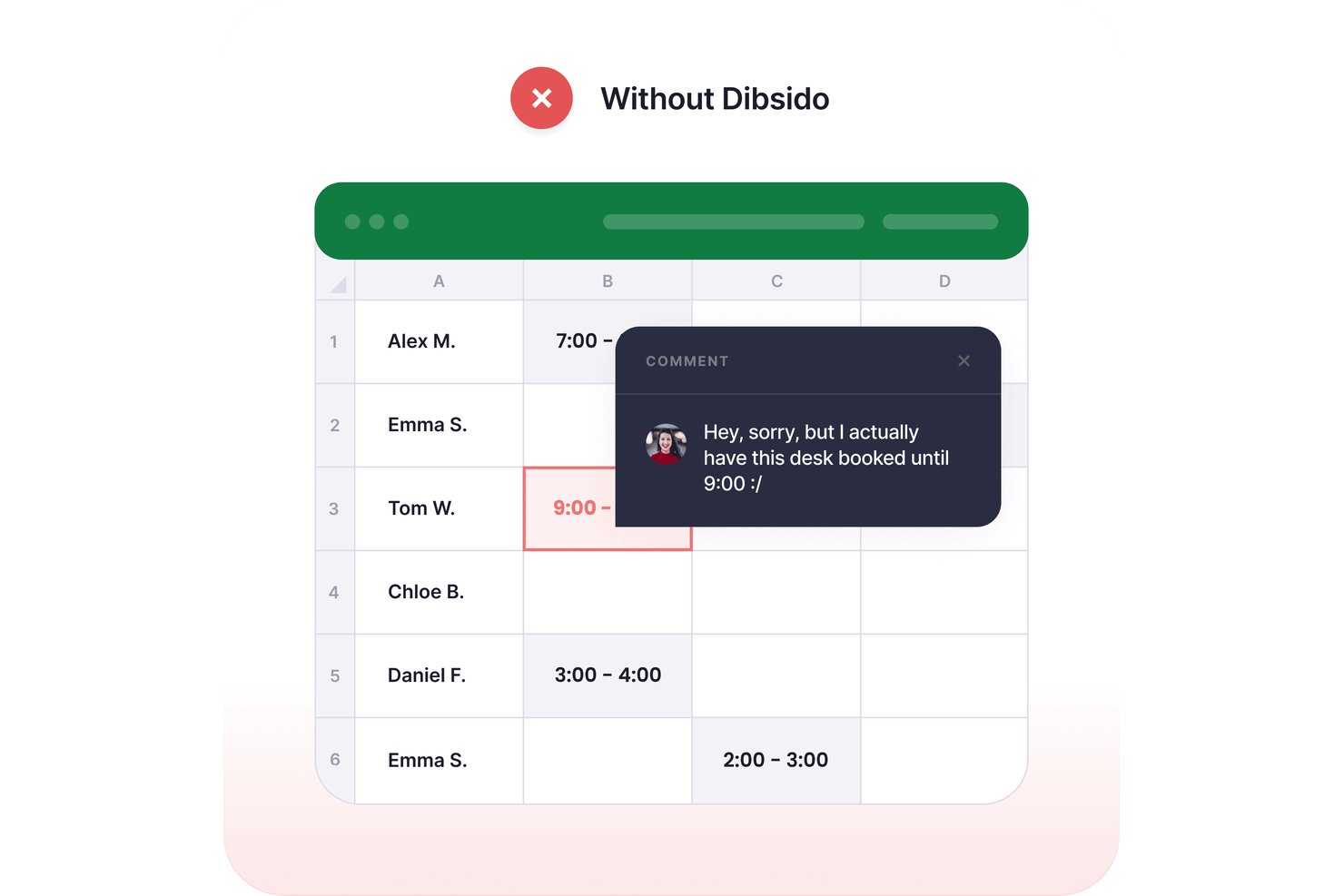 Spreadsheet showing desk bookings with a double-booking conflict comment popup.