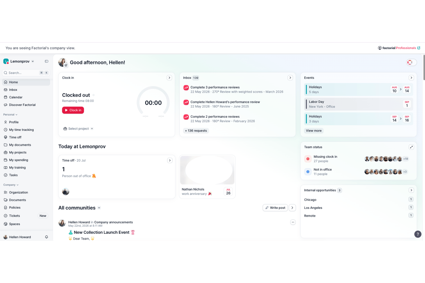 Factorial HR dashboard showing clock-in, inbox, events, and team community feed.