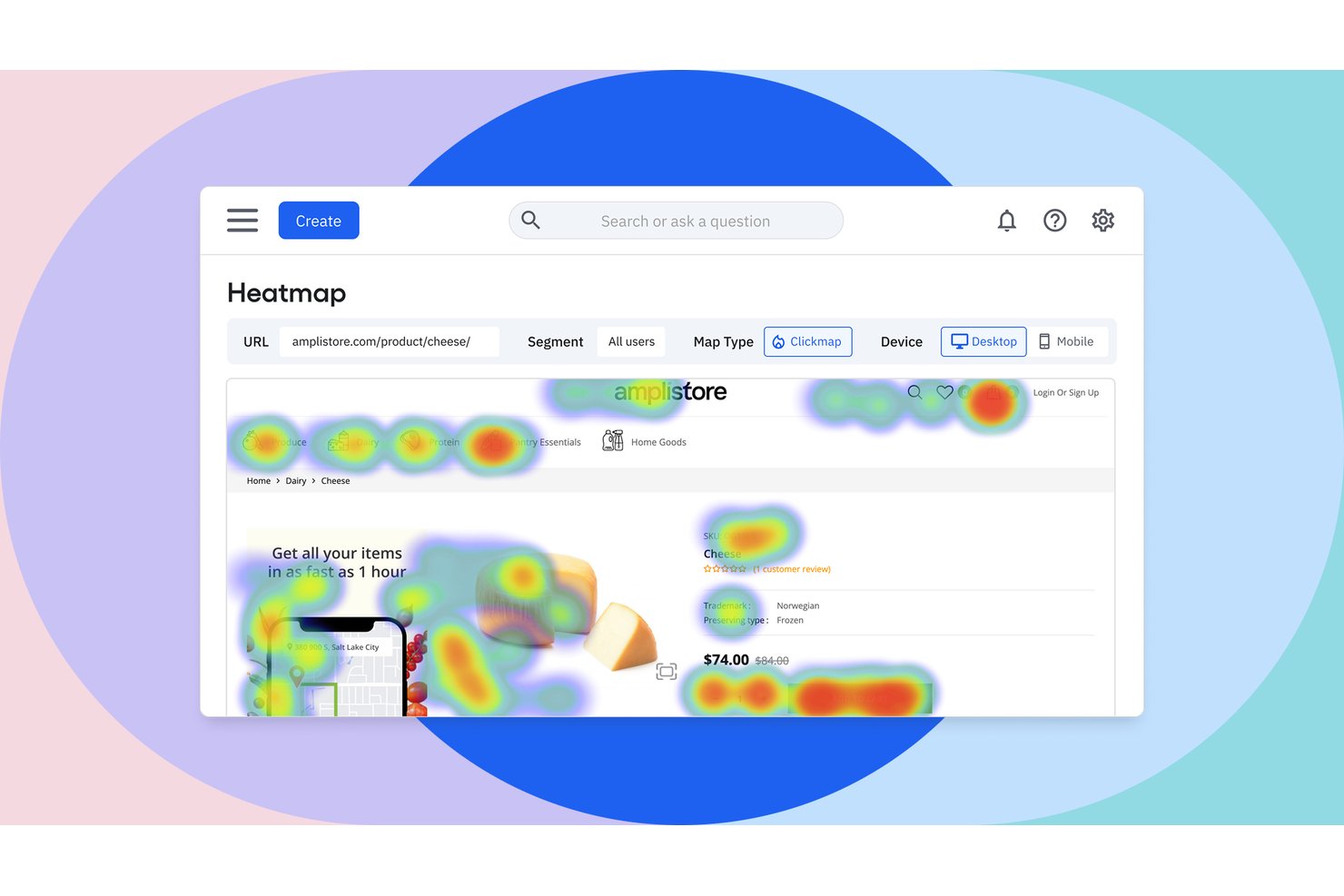Amplitude heatmap clickmap showing user click activity on a grocery product page.