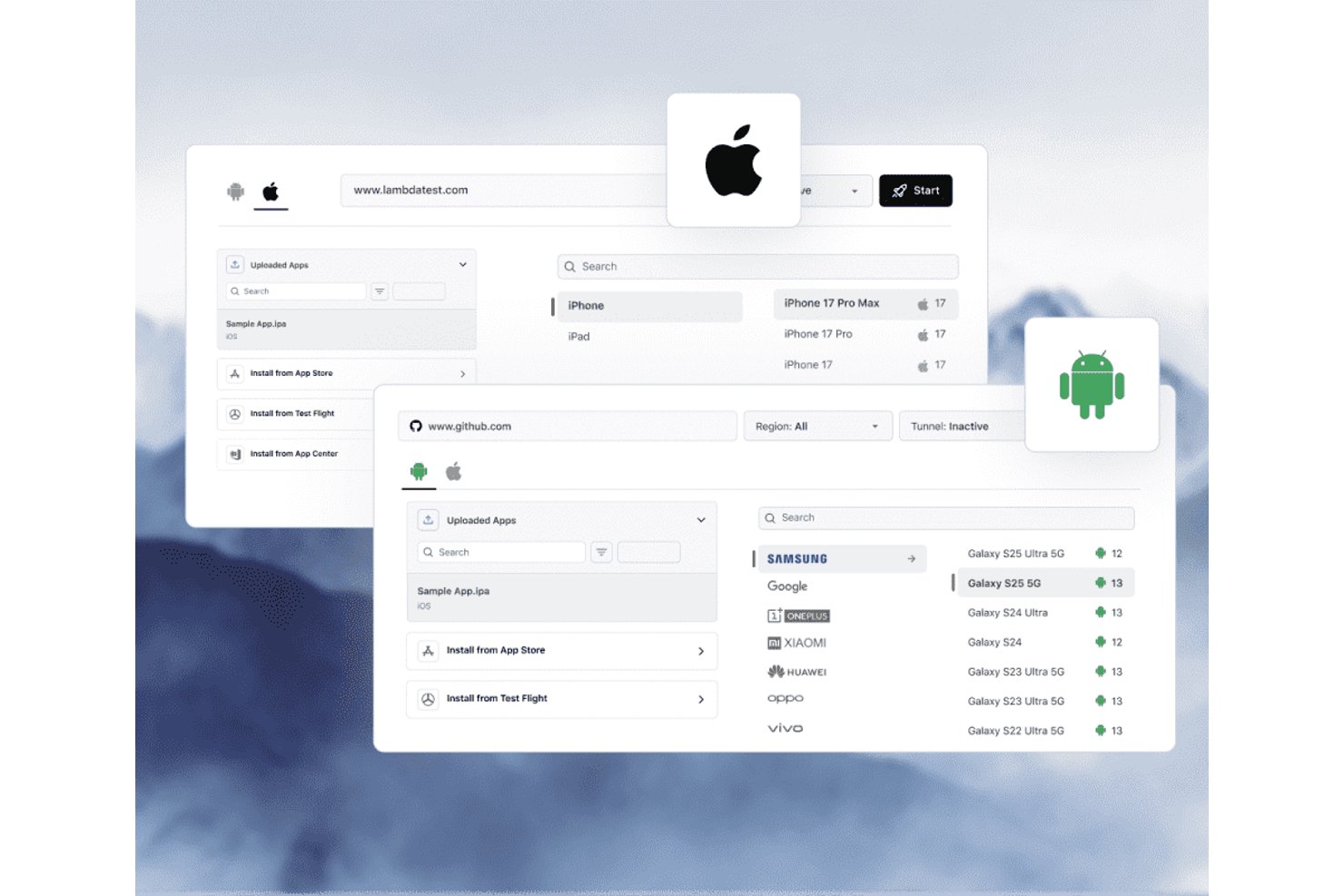 TestMu AI UI showing iOS and Android device selection panels with app upload options.