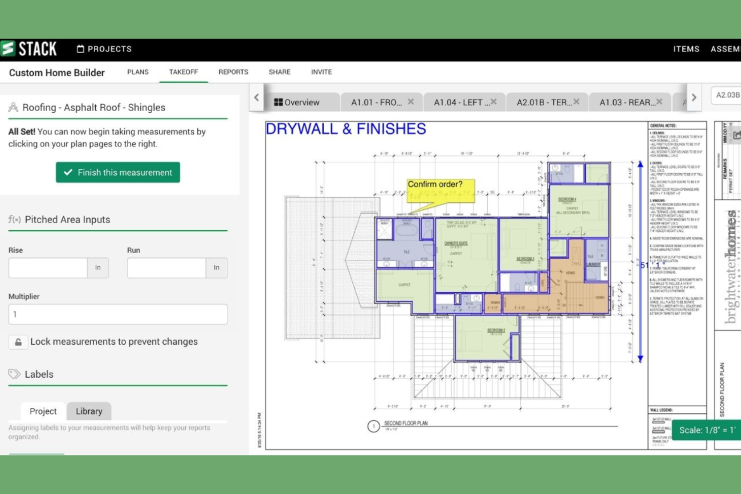 STACK takeoff tool showing drywall floor plan with roofing measurement inputs.