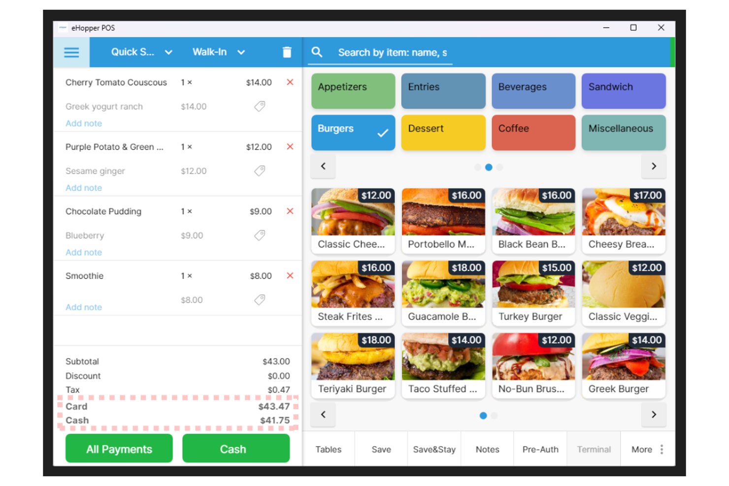 eHopper POS-scherm met bestellijst, burgermenucategorieën en betalingstotalen.