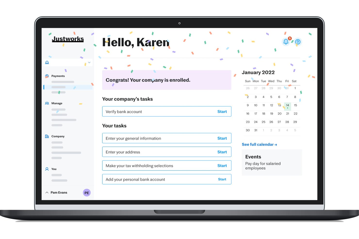 Justworks dashboard showing enrollment confirmation and onboarding task checklist for new users.