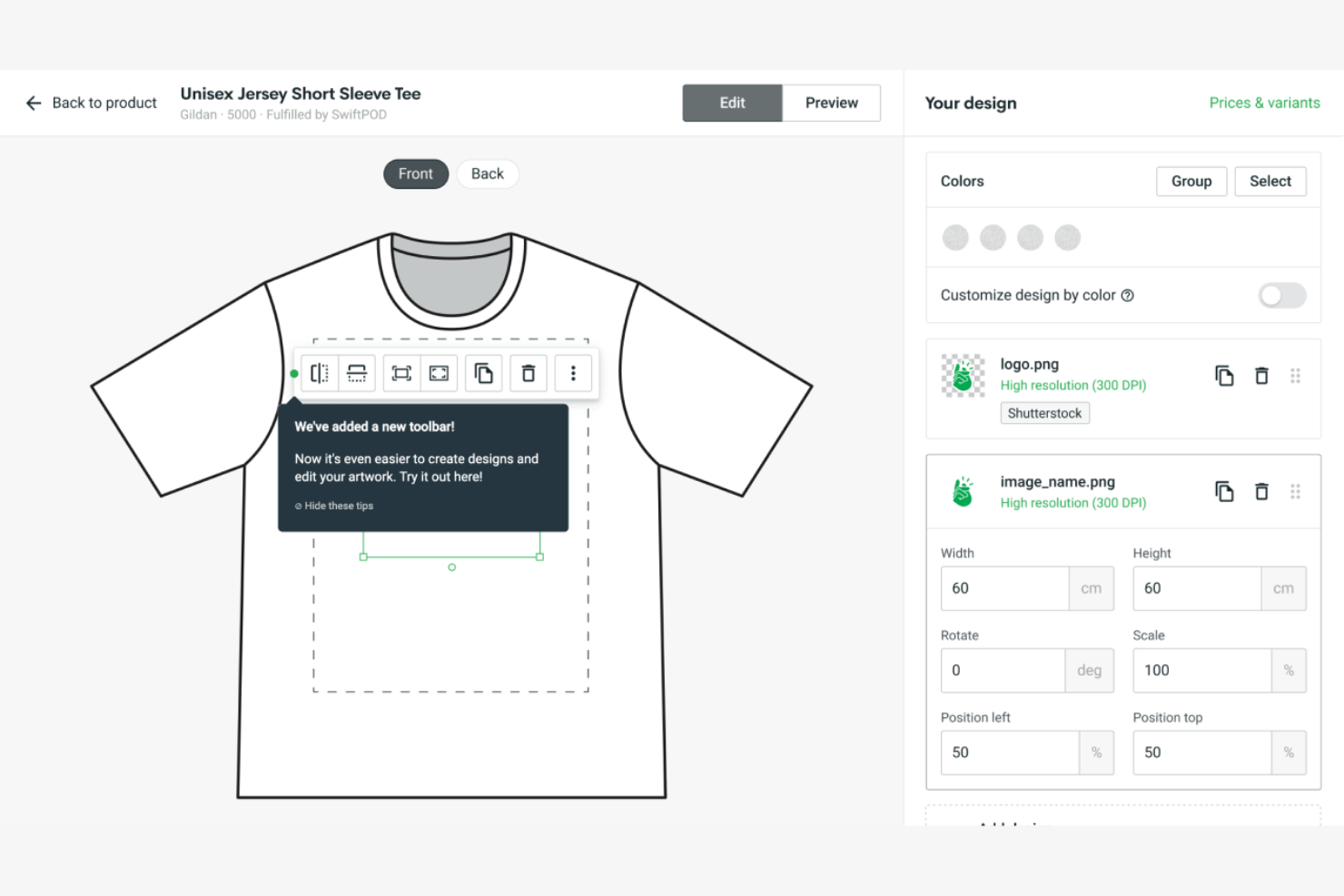 Printifys redigerare för t-shirtdesign med verktygsfält, bildplacering och storlekskontroller.