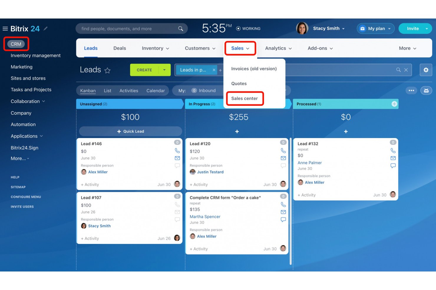Bitrix24 CRM:s kanban-tavla för leads med rullgardinsmenyn Försäljning öppen, där alternativet Försäljningscenter visas.