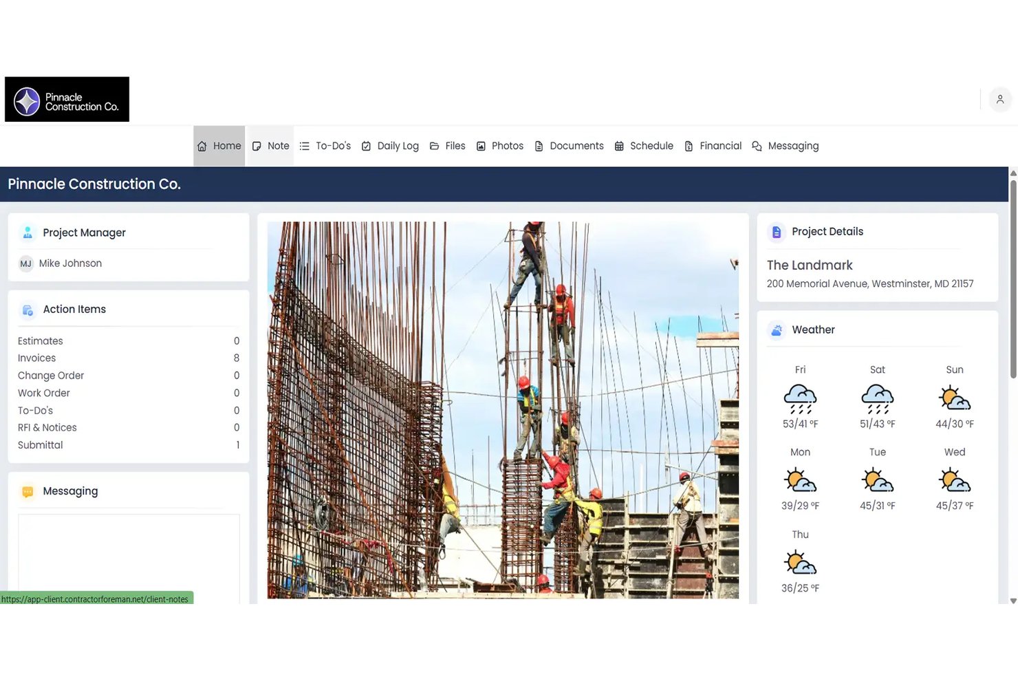 Contractor Foreman client portal showing project dashboard with weather forecast and action items.