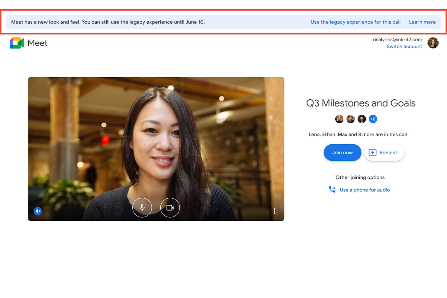 Google Meet pre-join screen showing camera preview and Q3 Milestones meeting with 11 participants.