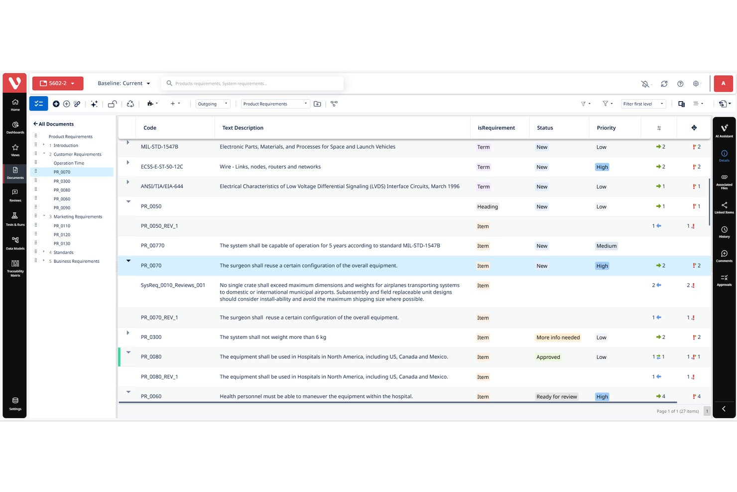 Visure Requirements interface showing product requirements list with status and priority columns.