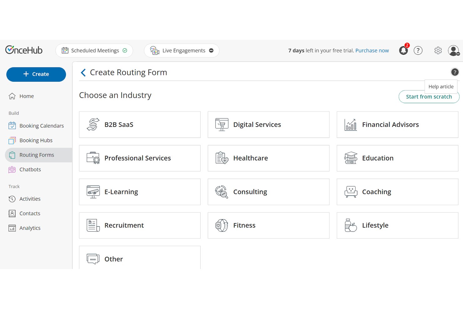 OnceHub Create Routing Form page showing 12 industry category options.