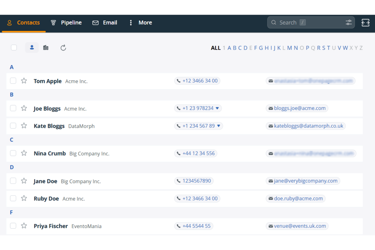 CRM contacts list showing names, companies, phone numbers, and email addresses.