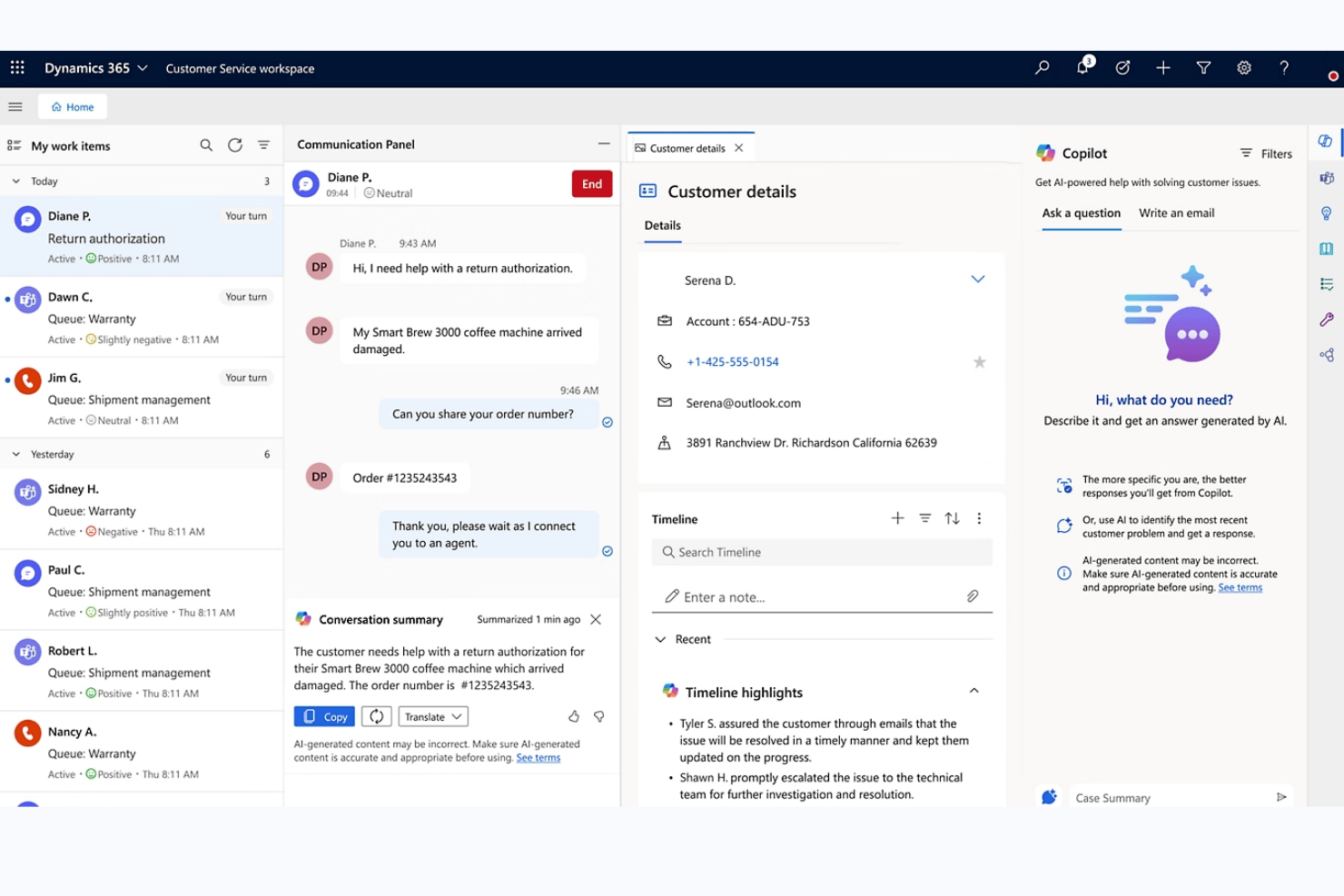 Dynamics 365 Customer Service-arbetsyta som visar chattpanel, kundinformation och sidofältet Copilot AI.