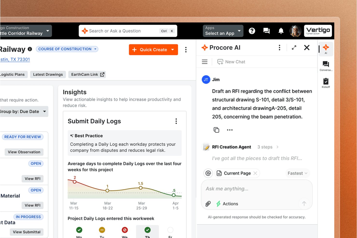 Procores AI-chattpanel utformar en RFI bredvid en projektöversikt med insikter från dagliga loggar.