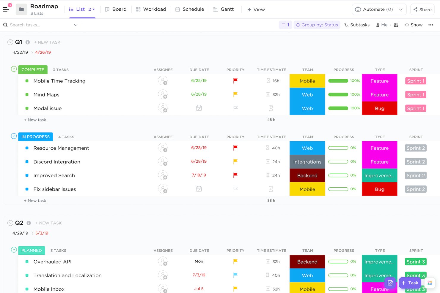 Vista de lista de ClickUp que muestra una hoja de ruta del producto con tareas agrupadas por estado, equipo y sprint.