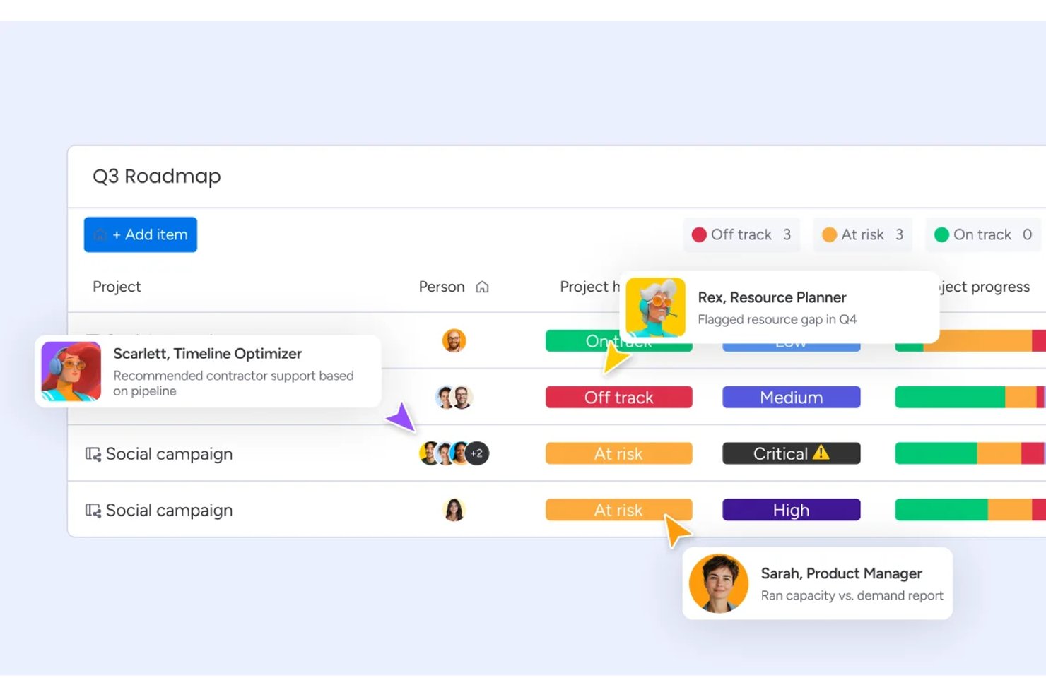 Q3 Roadmap board showing project statuses with AI agent tooltips for resource planning
